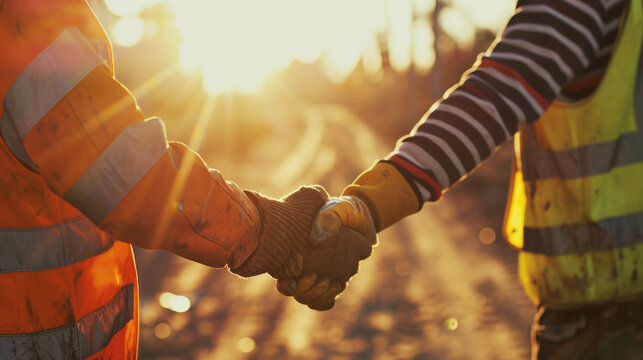 Two Construction Workers In Safety Gear Engaging In A Firm Handshake