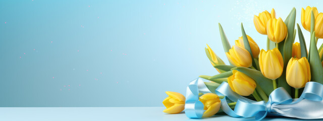 Bright yellow tulips and elegantly wrapped gifts adorned with blue and golden ribbons against a soft blue background with light bokeh and golden glitter on the surface.