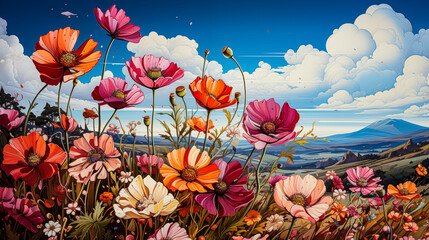 Background of a Flower Bed with a Mountain Landscape Behind it.