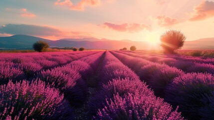 Beautiful bright lavender fields at sunset. Created with Generative Ai technology. - obrazy, fototapety, plakaty