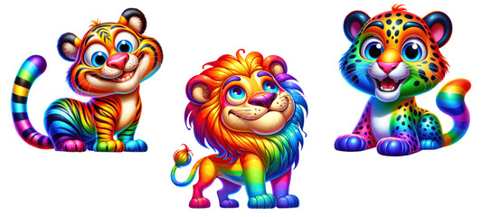 Funny rainbow animals. Tiger, lion, and leopard, isolated on transparent background.