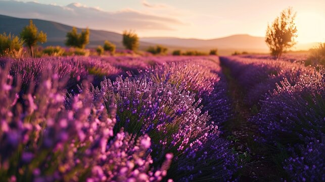 Beautiful bright lavender fields at sunset. Created with Generative Ai technology. © Viktor