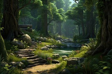 Realistic deep forest ,Deep Forest Fantasy Backdrop Concept Art Realistic Illustration Background Ai generated