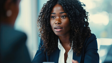 Professional woman engaged in conversation, looking intently, with a blurred background suggesting an indoor, office-like setting. - obrazy, fototapety, plakaty