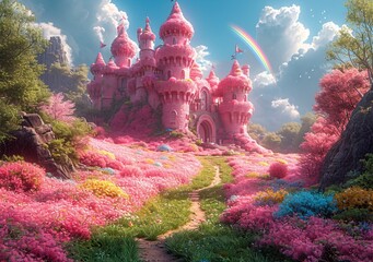 Pink Castle in the Sky: A Dreamy, Pink-Hued Fantasy Castle in the Sky Generative AI - obrazy, fototapety, plakaty