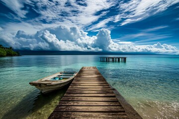 Fototapeta premium Landscape View of a Lake, with a Small Pier and a Row Boat Tied to it, on Sunny Blue Sky and Clouds