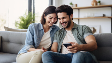 Smiling man and woman sitting closely together on a couch, looking at a tablet screen, in a moment of shared happiness and connection. - obrazy, fototapety, plakaty
