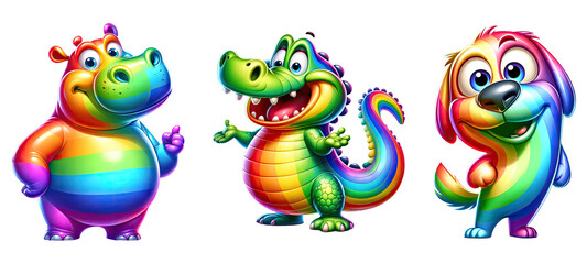 Fototapeta premium Funny rainbow animals. Hippo, alligator, and dog, isolated on transparent background.