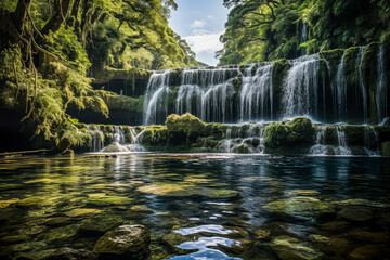 View of a Wide Waterfall into a Stream With a lot of Moss and Greenery Around It.