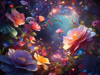 Fototapeta na wymiar Whimsical flowers in swirling sparkles and magical light