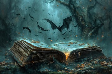 Bat-themed Book: A Halloween-inspired Reading Experience Generative AI - obrazy, fototapety, plakaty
