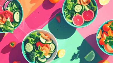 Healthy Eating Lifestyle: Bowls of Fresh Salads and conceptual metaphors of Vitality and Health