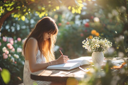 Summer Vibes: A Woman Writing in a Garden Setting Generative AI