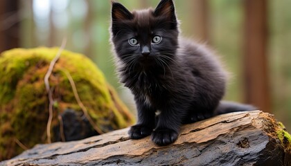 Naklejka na ściany i meble Adorable small black kitten sitting on a rustic forest stump - natures delightful companion