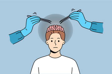 Neurosurgical operation on brain of man looking at camera, standing near two doctors hands with tweezers. Neurosurgical research and search for possibility of improving human neurons