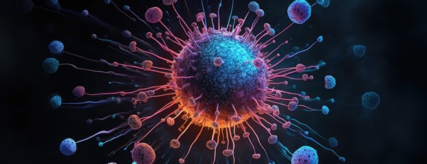 Obraz premium Macro close-up details capturing the vivid red and blue hues of microbes, molecules, viruses, and bacteria.