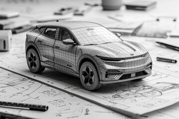 Detailed wireframe blueprint of a concept car design on drafts.