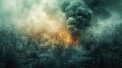 Imaginative depiction of a city under explosive attack. - obrazy, fototapety, plakaty