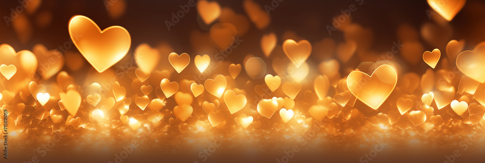 Wall mural beautiful background banner with golden hearts, lights, sparkles and bokeh. valentine's day. panoram