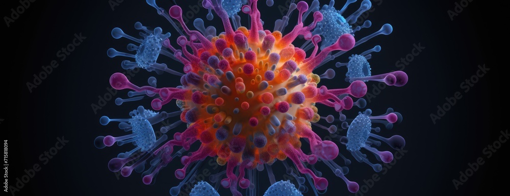 Poster a detailed macro view showcasing the intricate features of red and blue microbial molecules, viruses