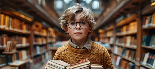 Glasses-Wearing Boy with Books in Library Generative AI