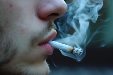 Close up young man smoking cigarette, Teen exhales cigarette smoke, Nicotine addiction