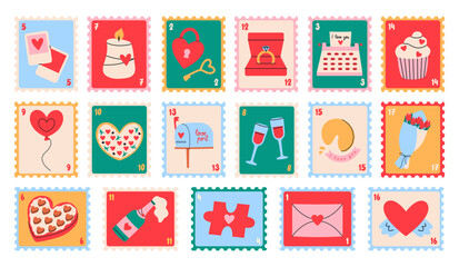 Set of cute romantic postage stamps isolated on white background.	Valentines Day concept.
