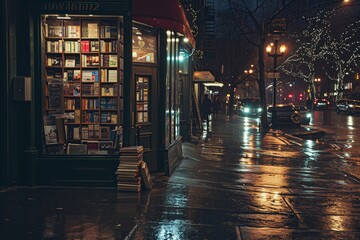 Books on the Sidewalk: A Rainy Night in the City Generative AI