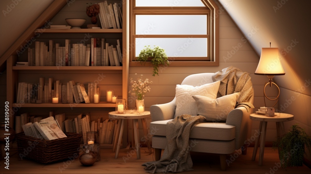 Poster serene scandinavian reading nook with modern built-in shelving and soft ambient lighting - ai-genera