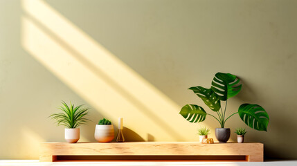 Wooden table topped with potted plants next to wall with shadow cast on it.