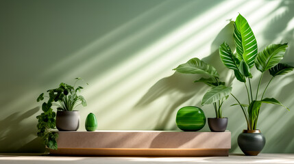 Group of potted plants sitting on top of wooden shelf in front of green wall.