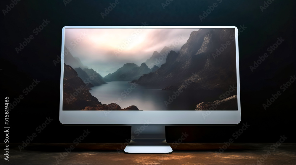 Poster computer monitor sitting on top of desk with mountains in the background.