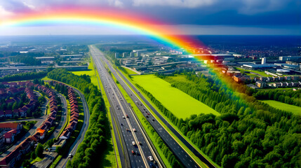 Rainbow in the sky over highway with rainbow in the background. - Powered by Adobe
