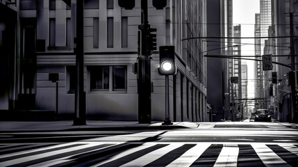 Black and white photo of street with traffic light and buildings. - obrazy, fototapety, plakaty