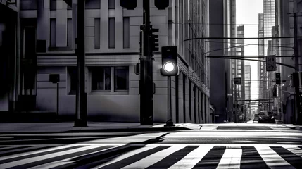 Deurstickers Black and white photo of street with traffic light and buildings. © Констянтин Батыльчук