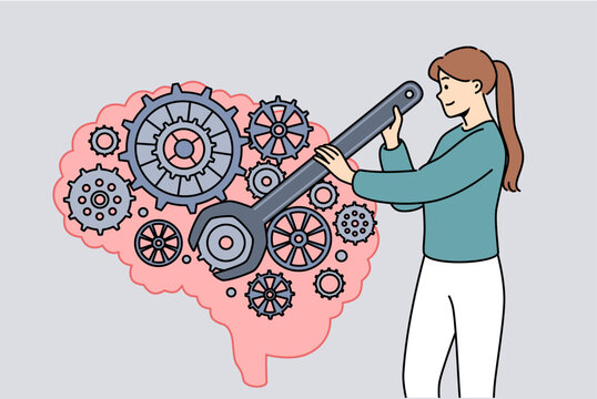 Woman is developing brain and improving intelligence by turning gears with wrench. Concept of neuro hacking and attempts to improve memory or create artificial intelligence for industrial purposes