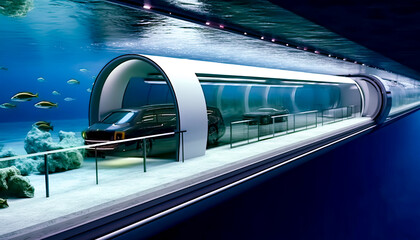 Futuristic train station with train on the tracks and car on the platform.