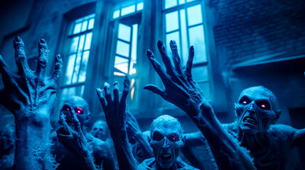 Group of zombies with their hands up in front of open window. - obrazy, fototapety, plakaty