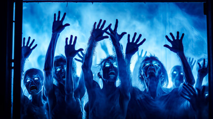 Group of people with their hands up in front of blue background.