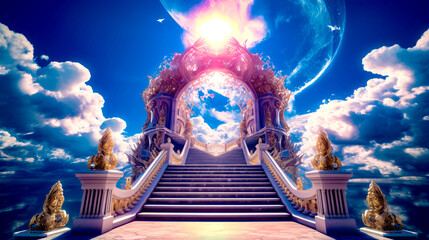 Stairway leading up to sky filled with clouds and bright sun. - obrazy, fototapety, plakaty