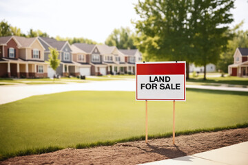 For Sale Sign on a Lawn in Front of a Modern House with Traditional Design. Real Estate Property, Mortgage, Housing Market and Home Ownership Concept. Vacant Lot.
