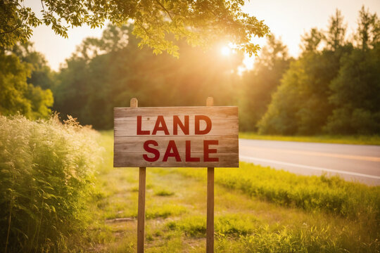 Land for sale sign. Real estate image. Wooden sign symbolizes sale of building plot. Blurred green lawn with road in background. Simple board advertising sale of land. Buying land. Vacant Lot.