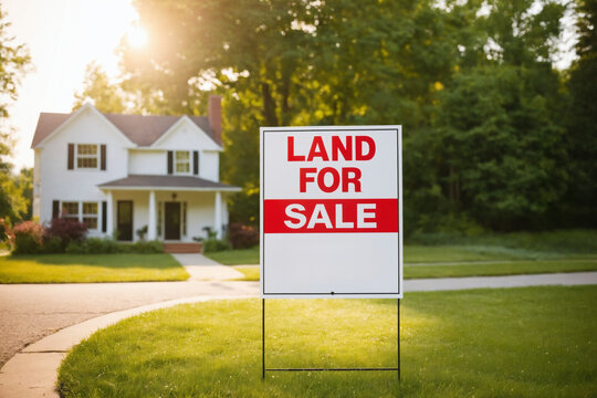 Land for sale sign. Real estate conceptual image. White sign symbolizes sale of building plot. Blurred green lawn of vacant lot in background. Simple board advertising sale of land. Buying land.