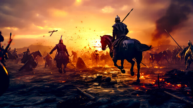 Group of men riding horses across field next to fire filled sky.