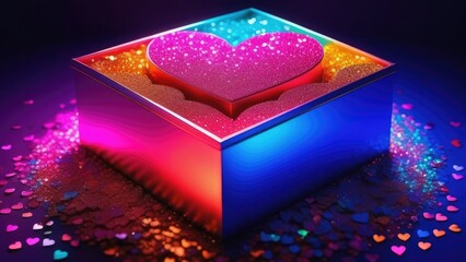 Open gift box with a big pink heart inside in neon light on a neon background with sparkles and colorful hearts