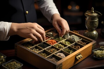A pair of hands carefully arranging a selection of artisanal teas in a wooden box.