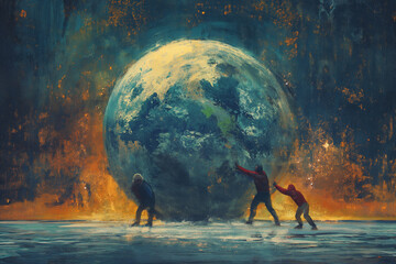 Illustration of men pushing planet earth