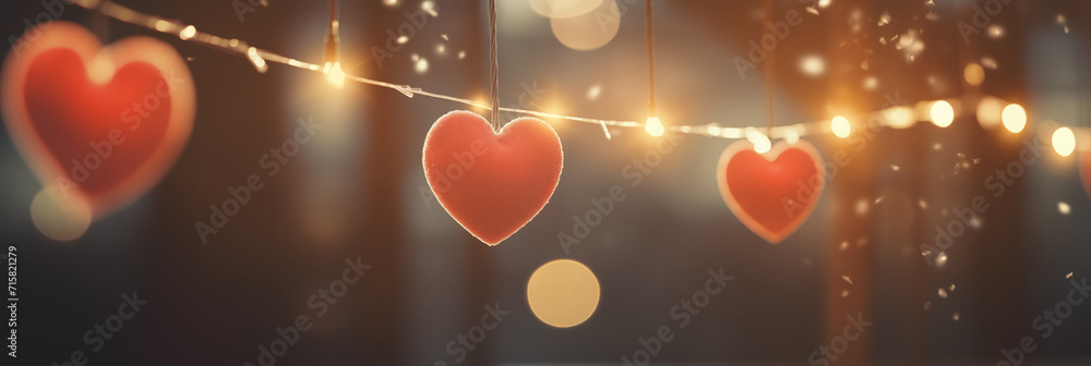 Wall mural garlands with lights and hearts on blurred background with sparkles and bokeh. valentine's day banne