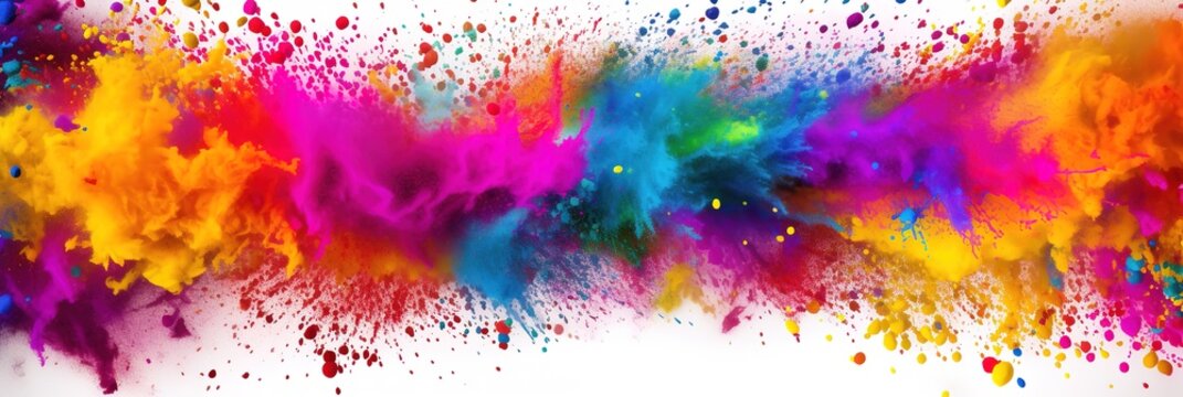 Colorful empty frame for text, Vivid Holi Festival Sale Banner, Explosion of Powder for Holiday Promotions or Birthday Events on white background.