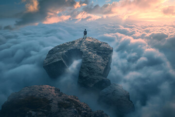 A businessman stands on a mountain, a mountain in the shape of a question mark, around a cloud.
